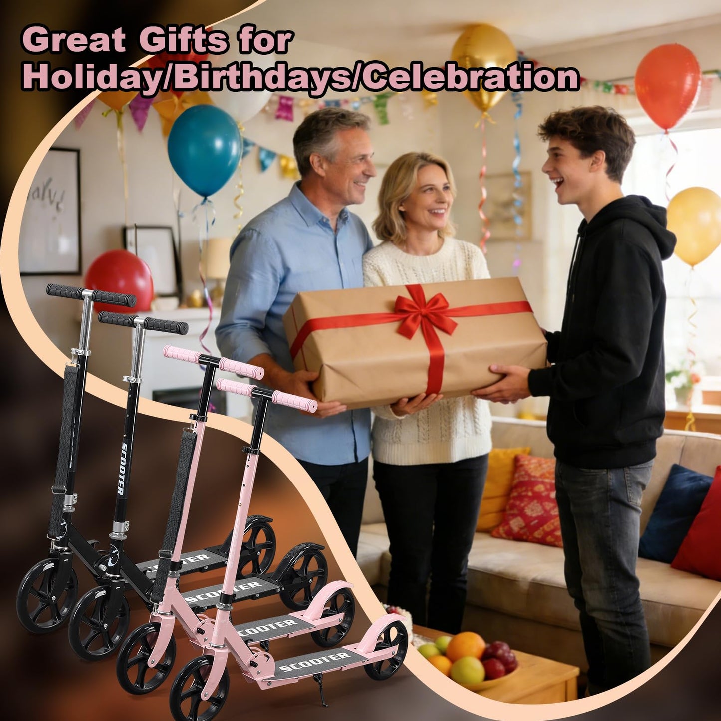 Kick Scooter Scooters for Kids Teens Adults - Heavy Duty Folding Scooters,Non-Slip Large Deck,Portable for Travel,Adjustable for 5-8 8-12 6+ Year Old Age Boys Girls Up to 300 Lbs - Black