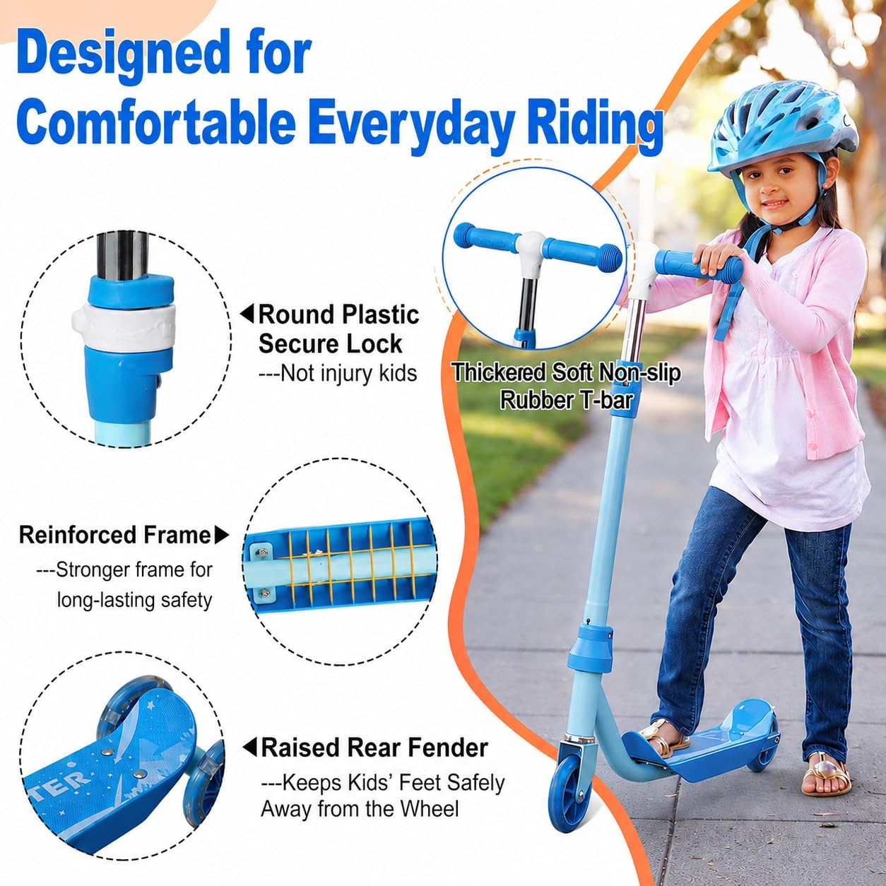 Kids Scooter for Ages 3-7 | Three-Wheel Toddler Kick Scooter with Light-Up Wheels, Adjustable Handlebar & Anti-Slip Deck - Blue