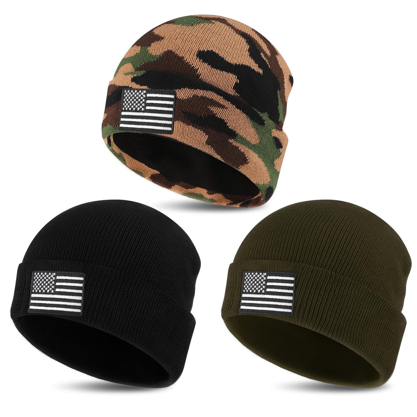 Liitrsh 3 Pcs Knitted Skull Beanie American Flag Military Beanie Hat Tactical Winter Warm Beanie Flag USA Acrylic Watch Cap for Men Women Hiking Outdoor