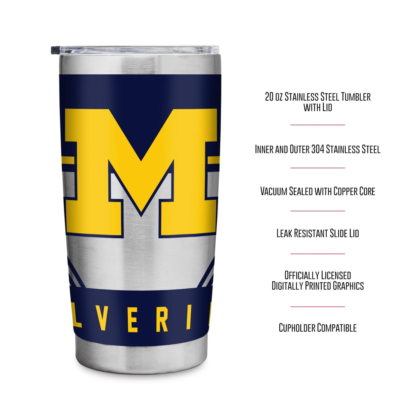 Rico Industries NCAA Michigan Wolverines 20oz Stainless Steel Tumbler with Lid - Great For Coffee, Tea, Water or Cocktails