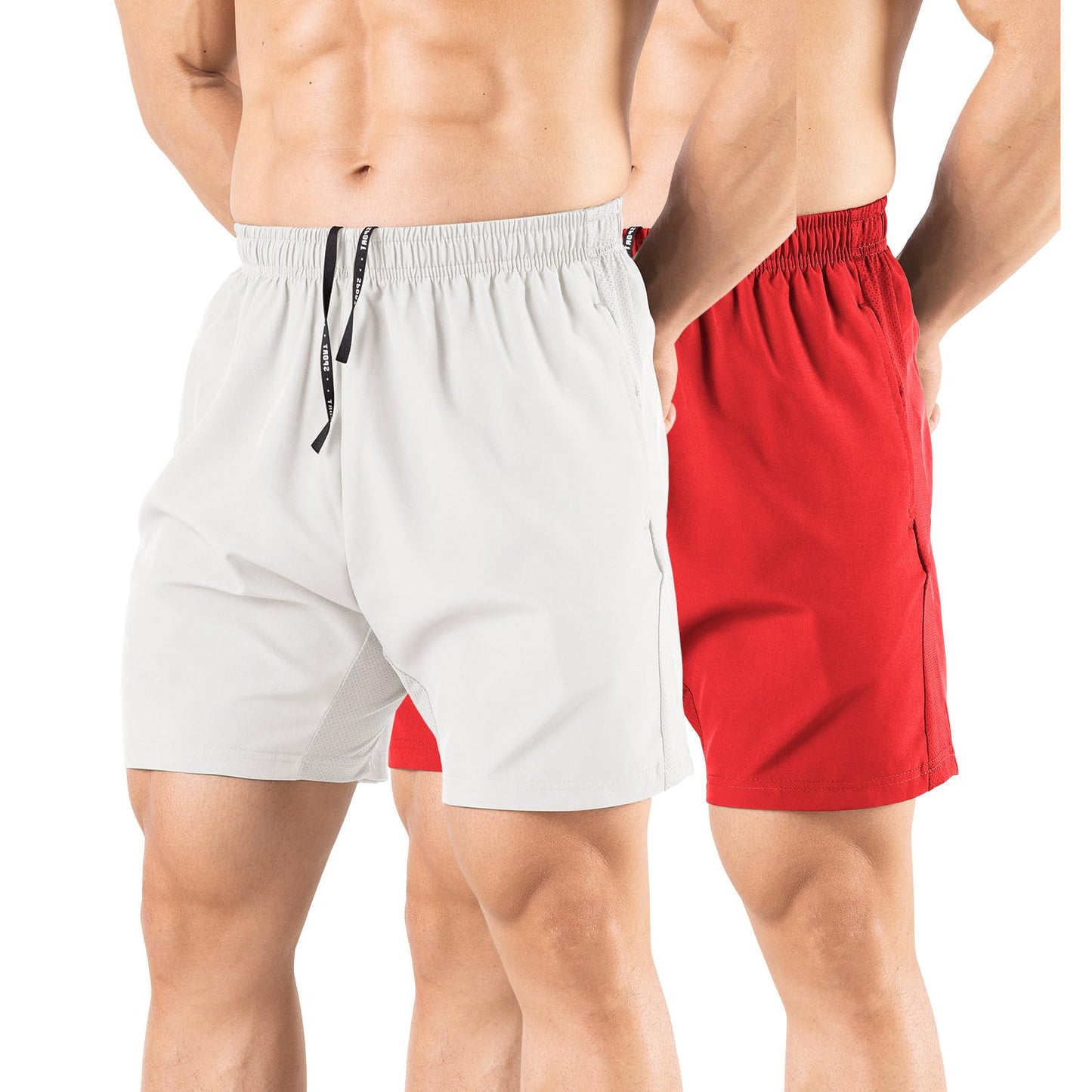 Gaglg Men's 5" Running Shorts 2 Pack Quick Dry Athletic Workout Gym Shorts with Zipper Pockets White/Red,Large