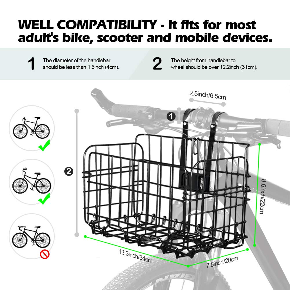 Wiel Bike Basket with Black Liner Rainproof Cover, Folding Steel Bicycle Basket Easy Install to Front Handlebar or Rear Rack, Heavy-Duty Metal Wire Bearing 33 lbs for Commuter Grocery Shopping Picnic