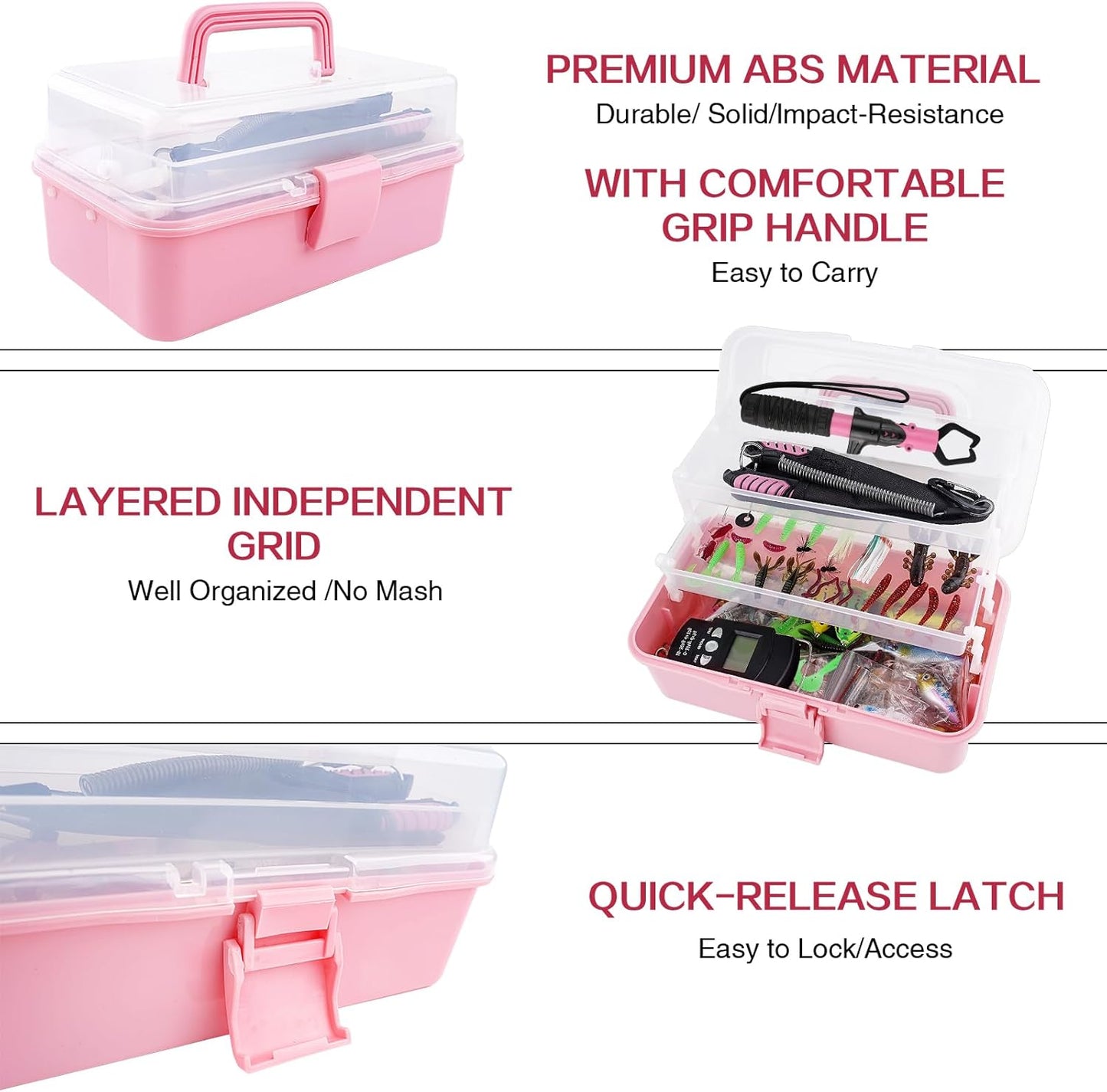 3-Layer Fishing Tackle Box - Complete Fishing Tools Kit with Pliers, Gripper & Baits | Pink Color