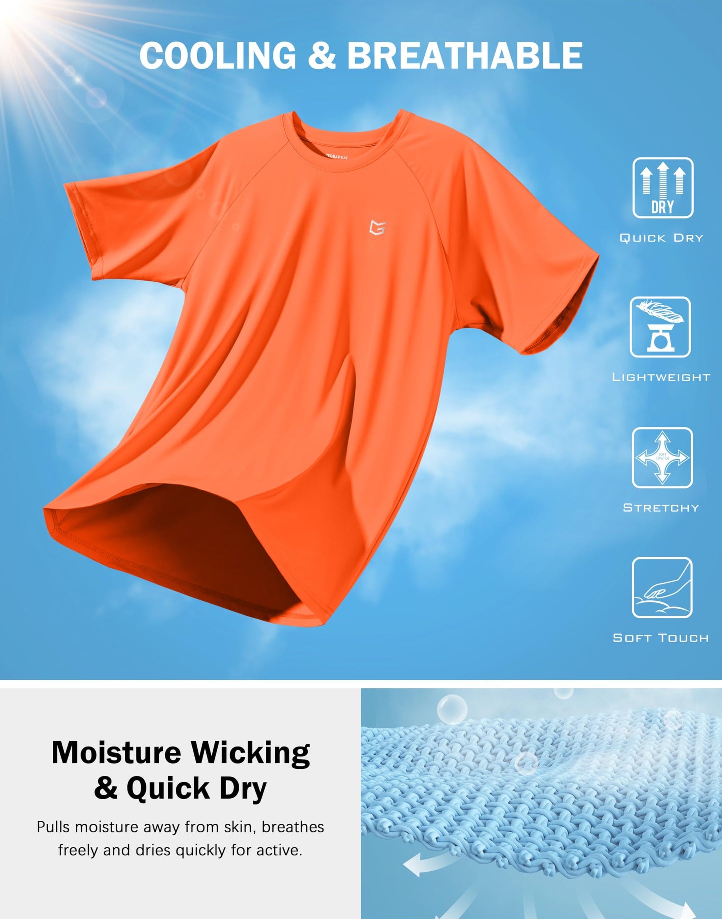 G Gradual Men's Athletic Workout T-Shirts Moisture Wicking Cooling Running Shirts Short Sleeve Performance Tee for Gym Tennis(Orange,3XL)