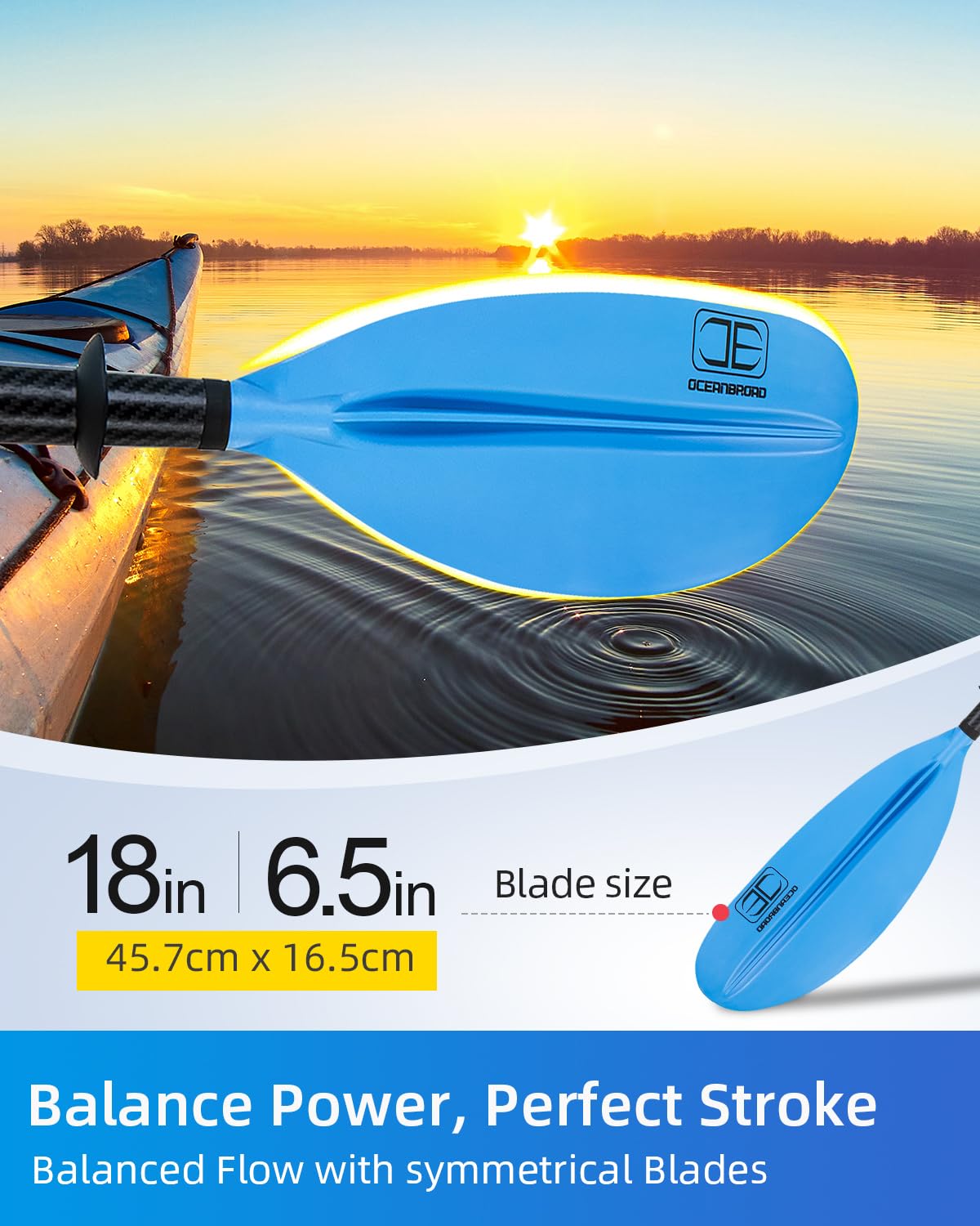 OCEANBROAD Adjustable Carbon Fiber Kayak Paddle 86in/220cm to 94in/240cm Kayaking Oar with Paddle Leash 1 Paddle, Blue
