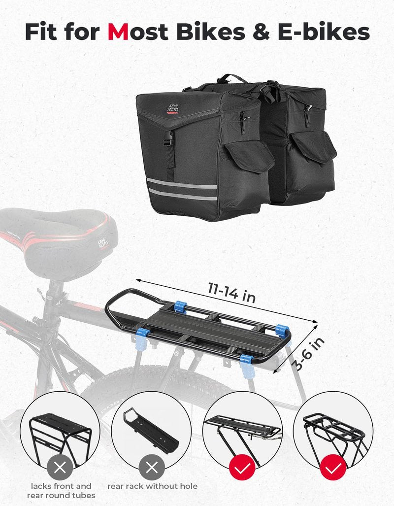 KEMIMOTO Panniers Bike Bags, 40L/50L Bicycle Saddle Bags with Waterproof Rain Cover for Rear Rack, Large Capacity Saddlebags for Ebike, Top Storage & Flip-Top Design, Reflective Strip, Black