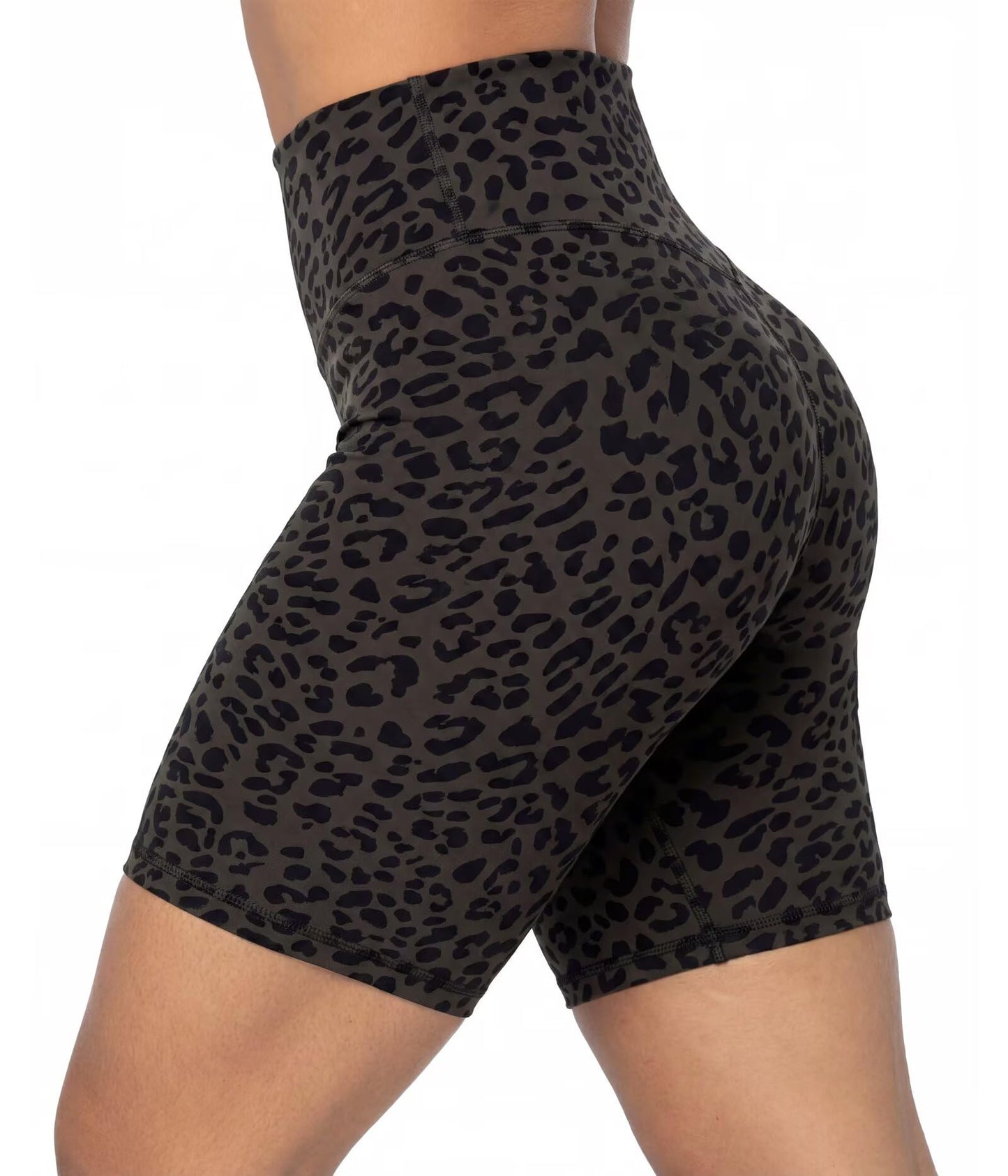Sunzel 8" Waist Biker Shorts for Women No Front Seam Soft Yoga Workout Gym Bike Shorts Tummy Control Squat Proof Leopard Seal Brown Small