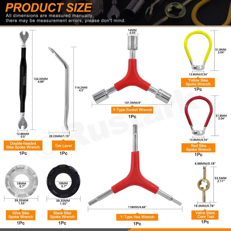 Rustark 9Pcs Bicycle Spoke Wrench Portable Bike Spoke Adjustment Tool Kit Bike Rim Repair Tool Tire Lever Cycling Pocket Tools for Bike Repair