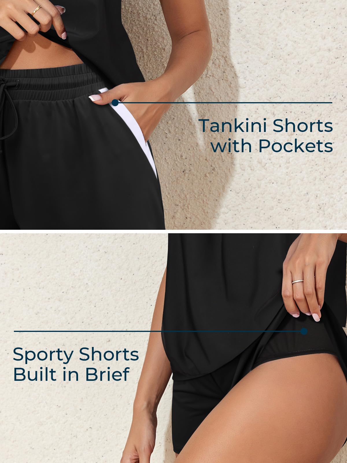Summer Mae Blouson Women's Tankini Swimsuits Tummy Control Modest 2026 Two Piece with Sporty Pockets Bathing Suits Black Large