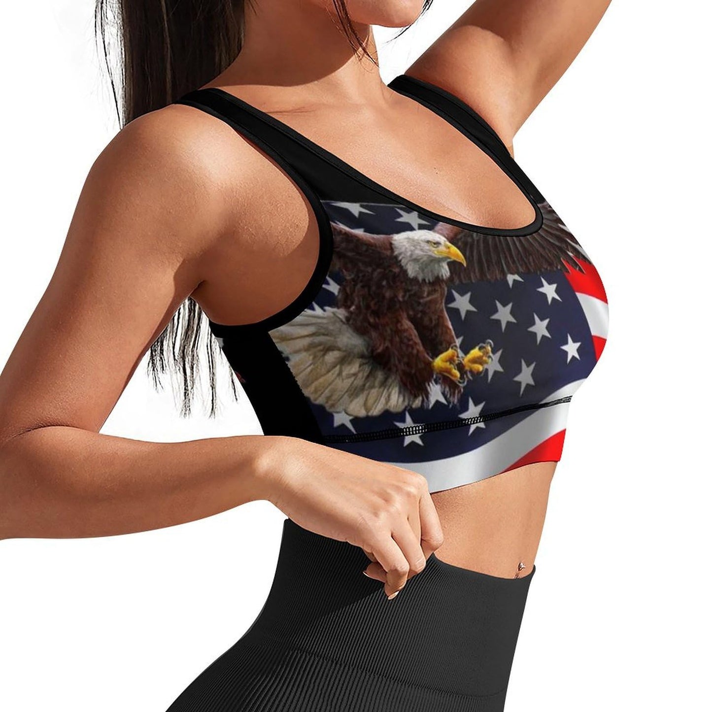 Muishi American Flag Eagle Map Sports Bras for Women with Removable Pads Yoga Crop Tank Tops Fitness Exercise Workout Running Top L