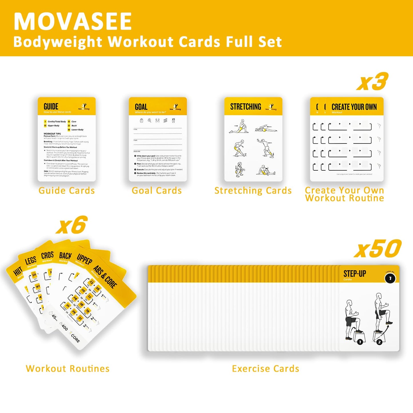 MOVASEE Resistance Belt Workout Cards, 62 Exercises Cards Deck Large Size 5" x 3.5" Fitness Cards for Women & Men, Beginner Fitness Guide to Training Exercises at Home or Gym