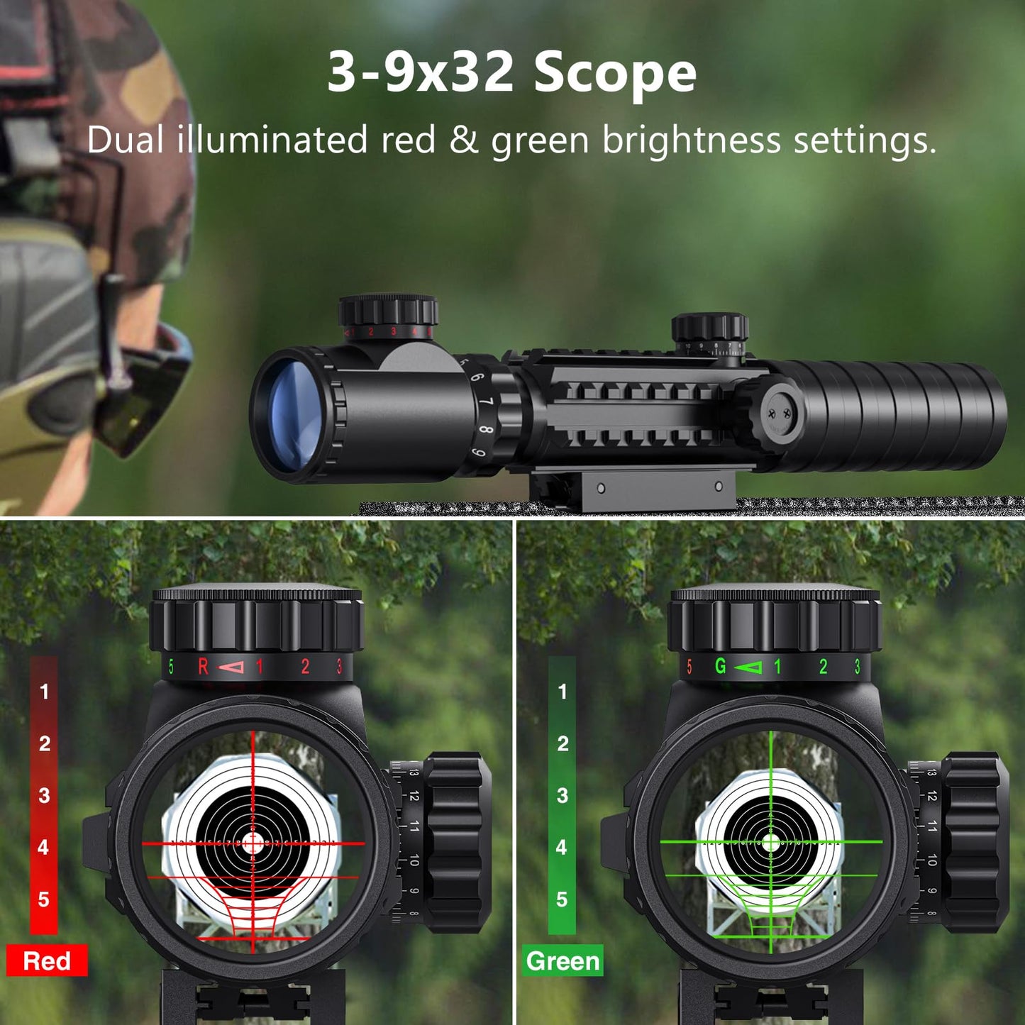 MidTen 3-9x32 4-in-1 Scope Combo with Dual Illuminated Scope Optics & 4 Holographic Reticle Red/Green Dot Sight & IIIA/2MW Laser Sight Rangefinder Illuminated Reflex Sight & 20mm Mount