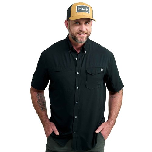 HUK mens Tide Point Solid Short Sleeve Shirt, for Men Button Down Shirt, Black, Medium US