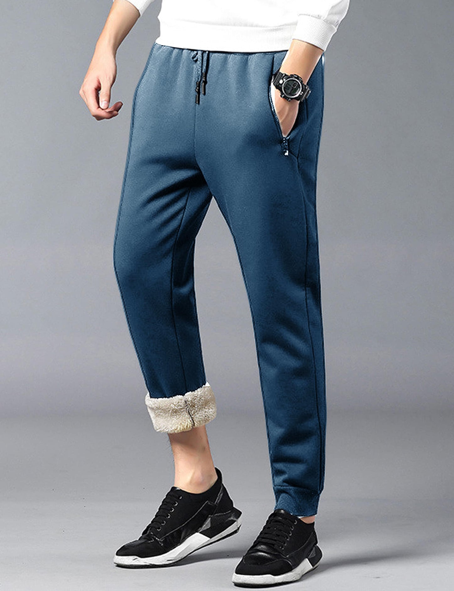 Yeokou Mens Winter Warm Sherpa Lined Active Thermal Jogger Fleece Sweatpants Pant(Blue-Large)