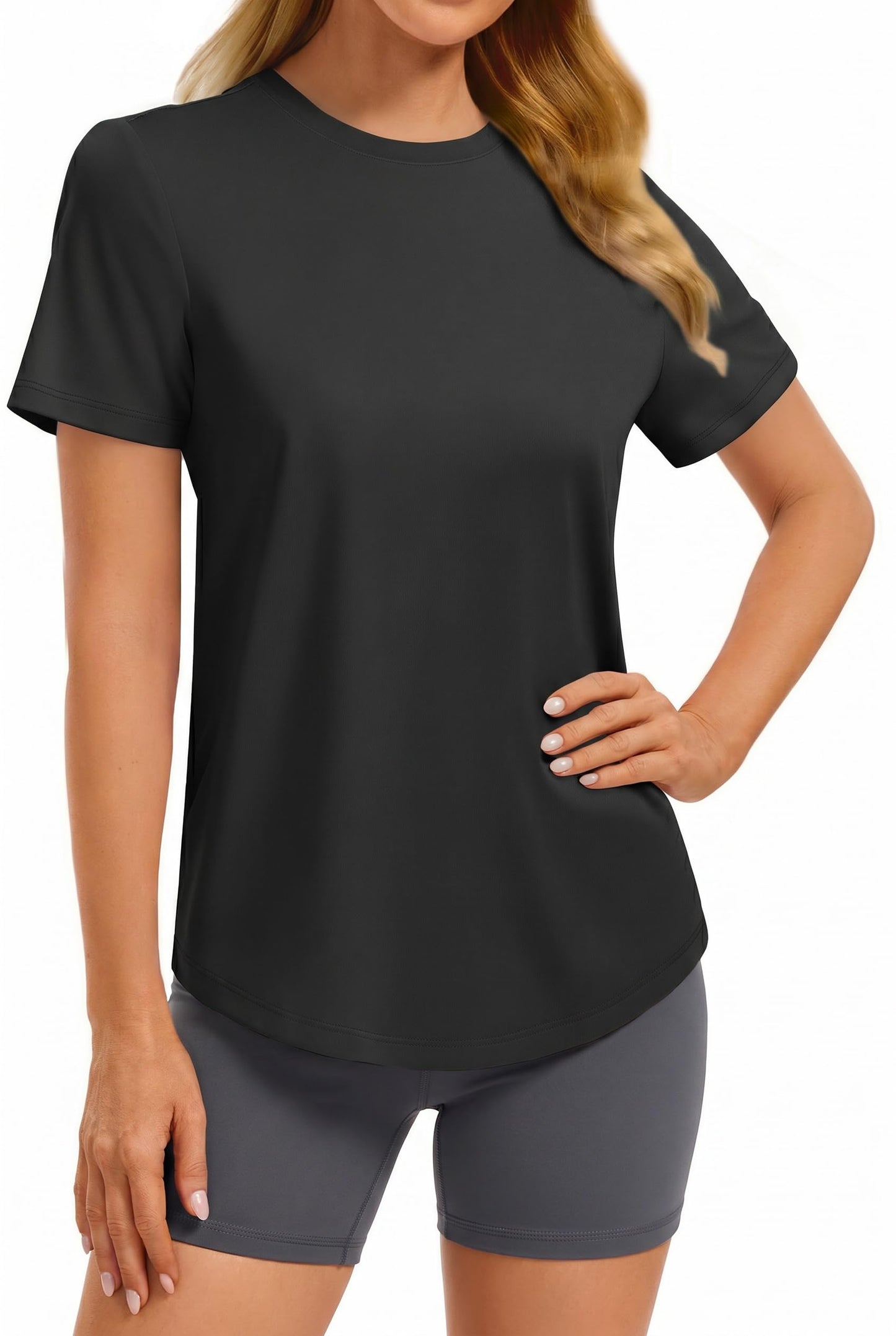 PINSPARK Workout Tops for Women Soft Shorts Sleeve Sun Protection Gym Plain Shirts Soft Breathable Crewneck Athletic Summer Top,Black Large