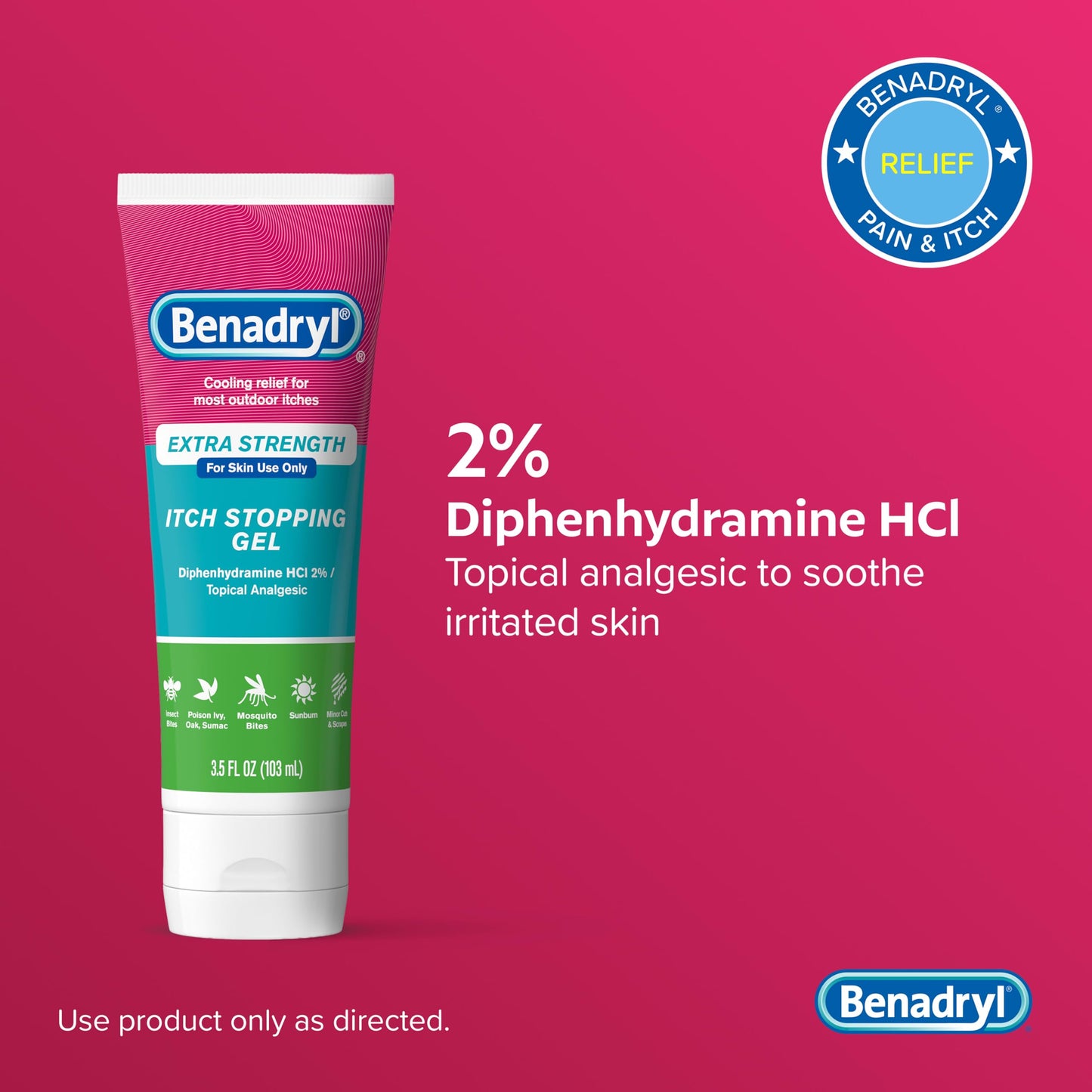 Benadryl Topical Itch Relief Gel, Extra Strength, Contains 2% Diphenhydramine HCl, Soothing Relief from Scrapes, Insect Bites, Sunburn and More, Great for Outdoors, 3.5 fl oz