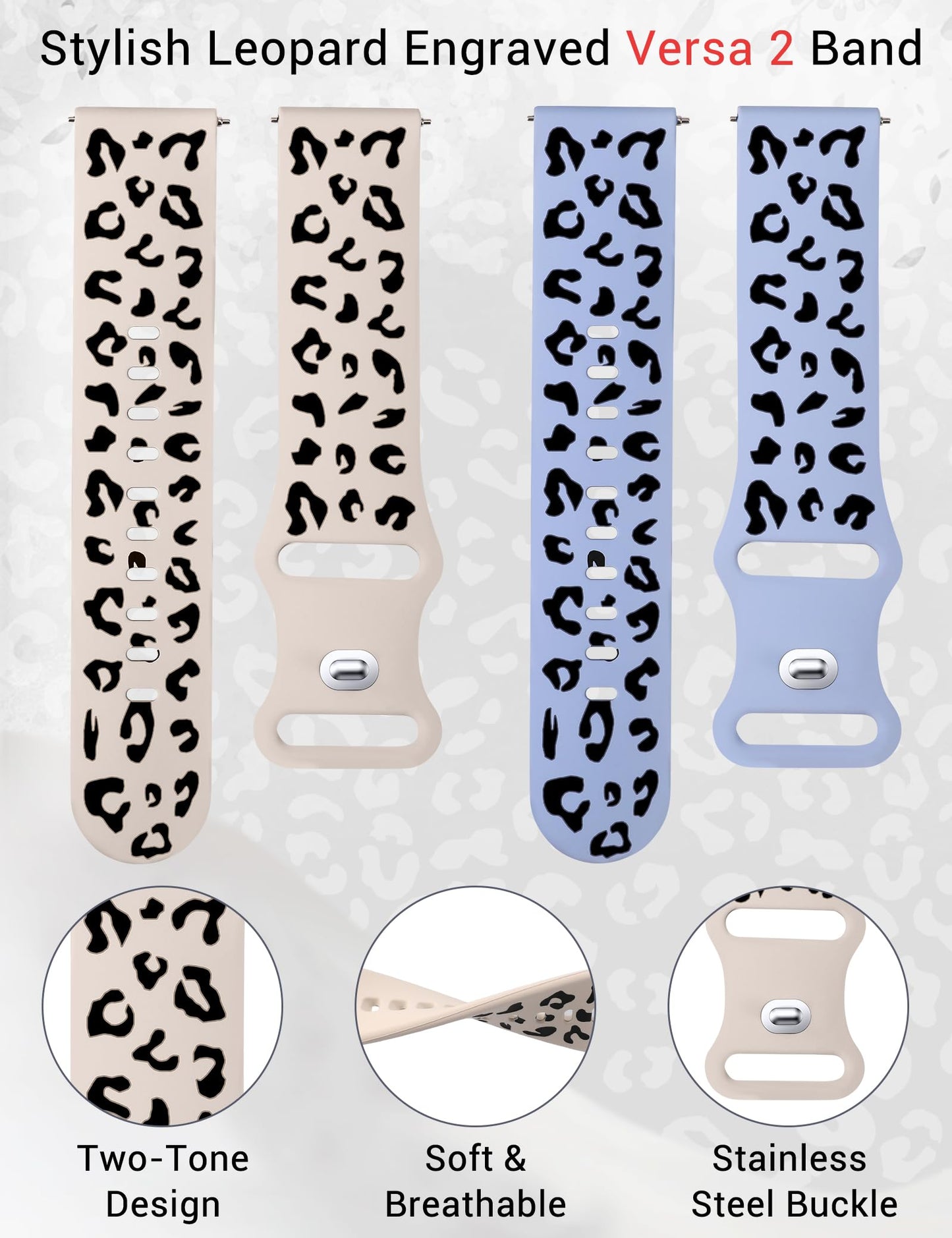 Minyee 2 Packs Leopard Engraved Band Compatible with Fitbit Versa 2/Fitbit Versa/Versa Lite Bands Women, Two-Tone Cheetah Soft Silicone Sport Designer Cute Fancy Summer Strap for Versa 2 Smart Watch