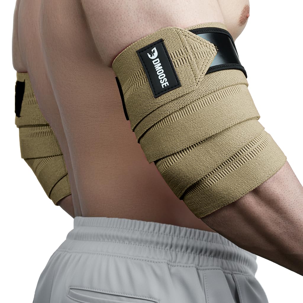 DMoose Fitness Elbow Wraps for Weightlifting (Pair) - 40'' Adjustable Elbow Strap for Gym Workout, Bench Press & Powerlifting - Compression Wraps for Tendonitis & Joint Support (Tan)