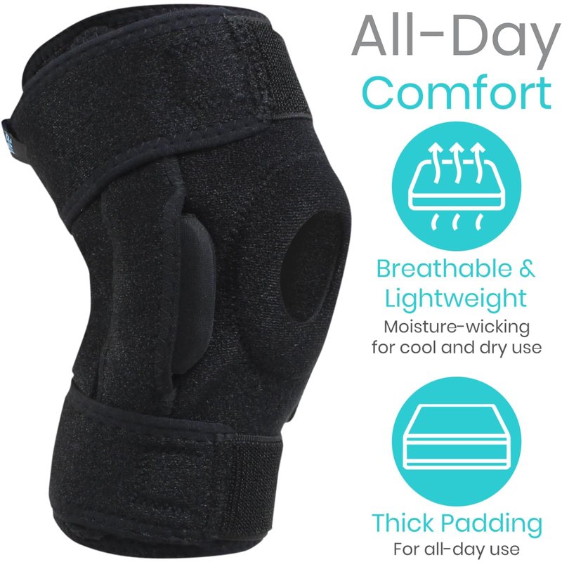 Vive Hinged Knee Brace - Relieves ACL, MCL, Meniscus Tear - Lightweight, Comfortable, Breathable Open Patella Wrap with Side Stabilizers - for Women & Men - Adjustable Strap for Tendonitis