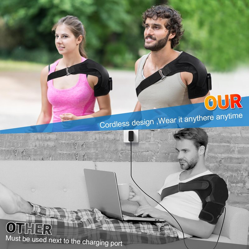 YUANBO Cordless Heated Shoulder Massager, Portable Shoulder Brace Heating Pad with 3 Heat & Vibration Heated Shoulder Wrap Brace for Men Women