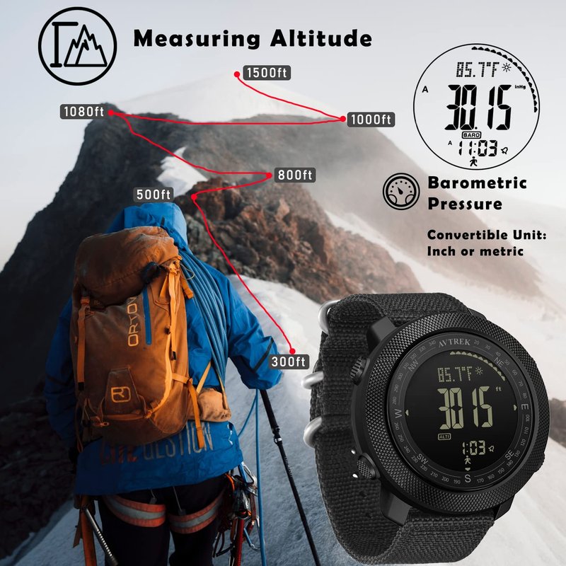 AVTREK Men's Digital Sport Watch - Army Military Compass, Altimeter, Barometer, Pedometer, Waterproof, Green