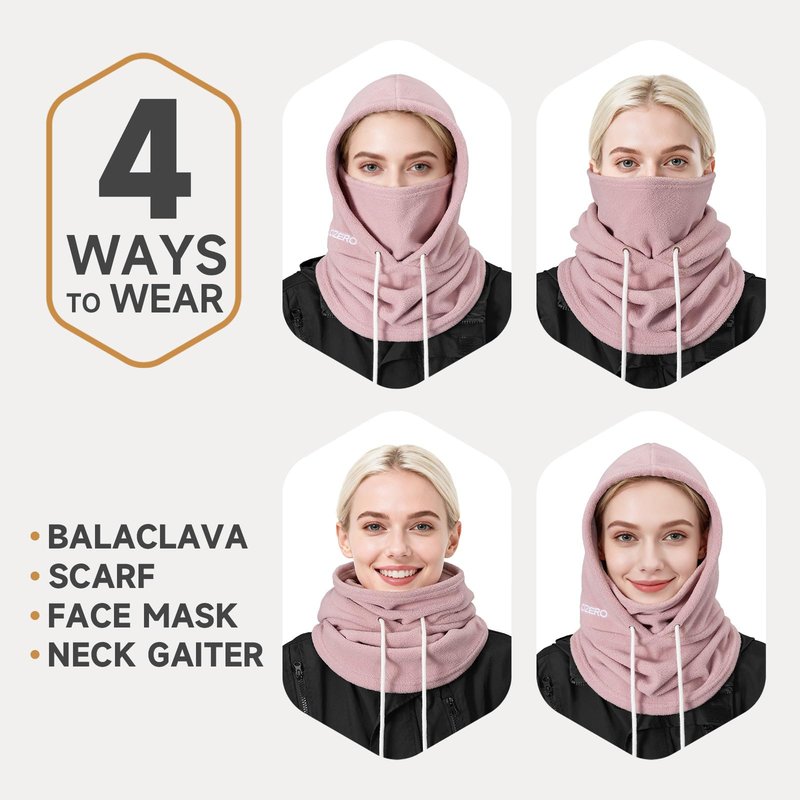 OZERO Balaclava Ski Face Mask: Windproof & Thermal Ski Mask for Men and Women, Convertible Balaclava Hood Full Head Cover Scarf Neck for Cold Weather Pink