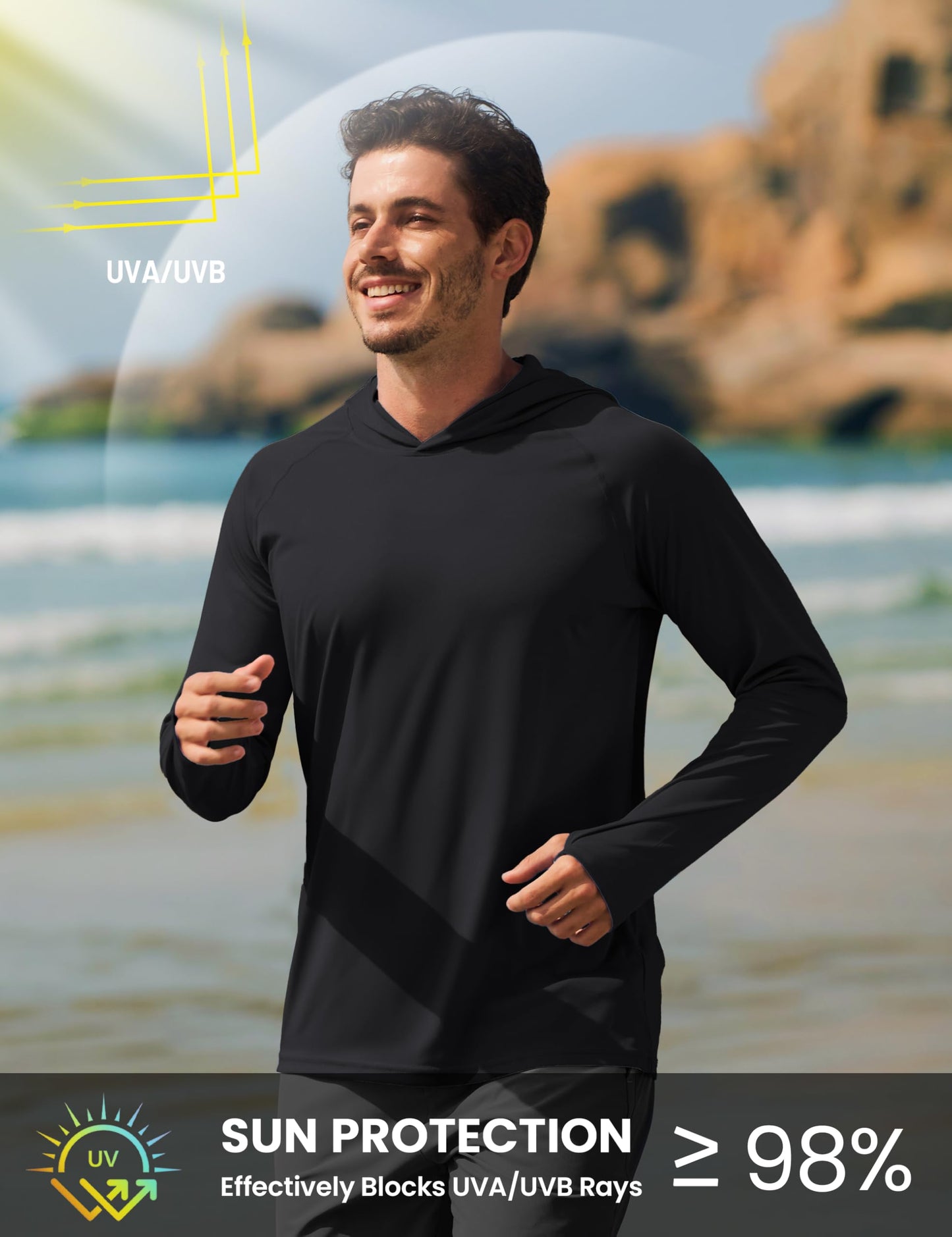 TACVASEN Long Sleeve Shirts for Men Lightweight Hoodie Men Dry Fit Active Hooded Shirts Sun Protection Hoodies SPF Tee Black L