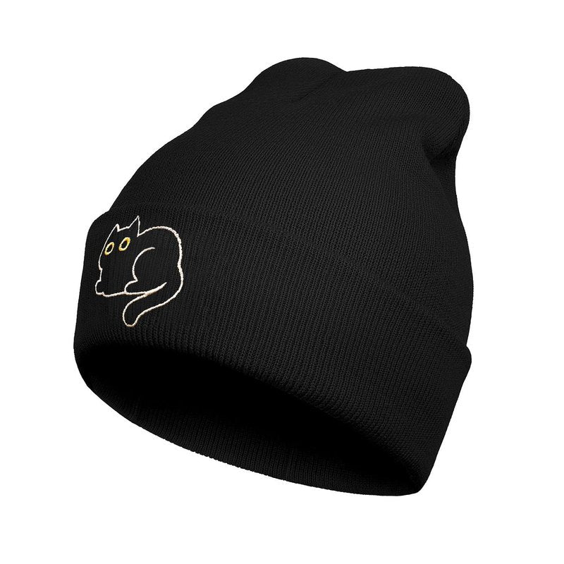 FUNCOOLCY Black Cat Embroidery Beanie Hat,Winter Warm Knit Cuffed Skull Cap for Men Women