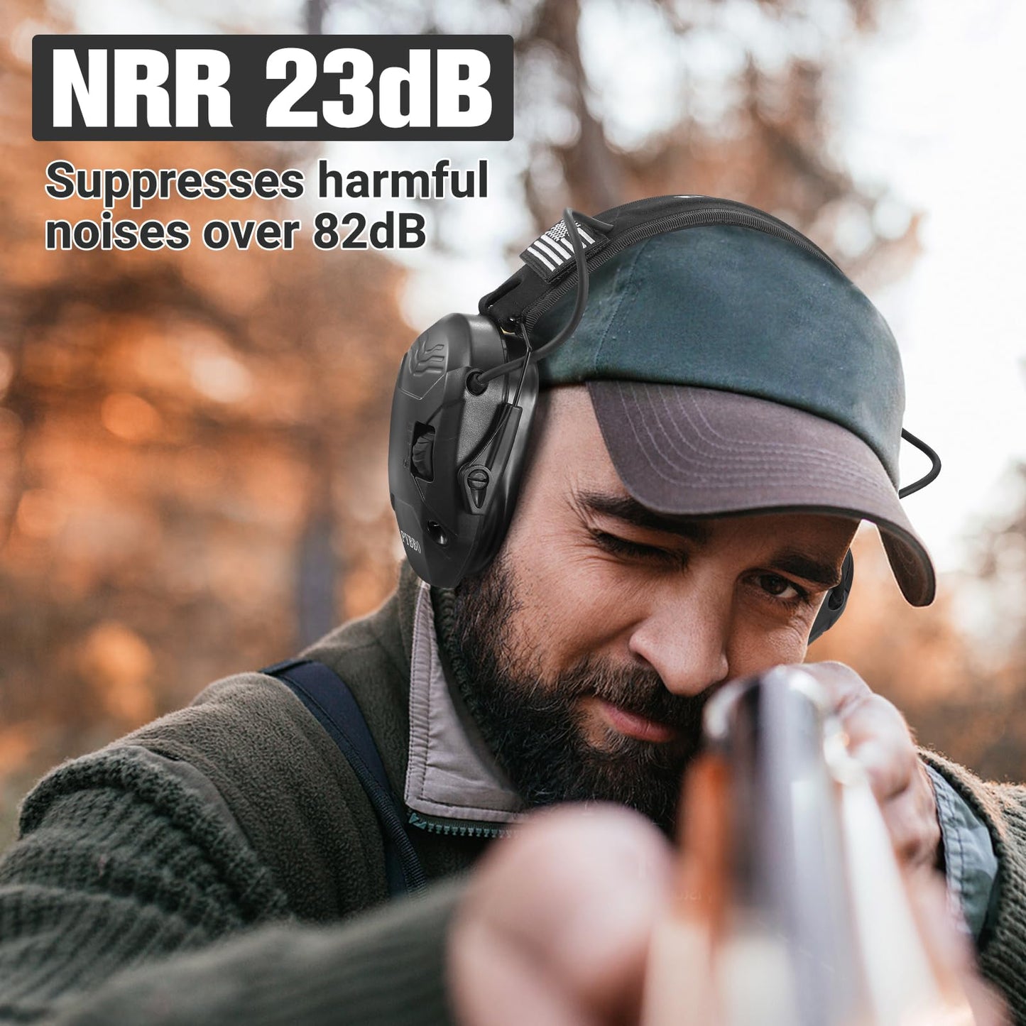 PYBBO NRR 23dB Shooting Earmuff with Gel Ear Pads, Slim Active Noise Reduction & Sound Amplification for Gun Range, Hunting - Black