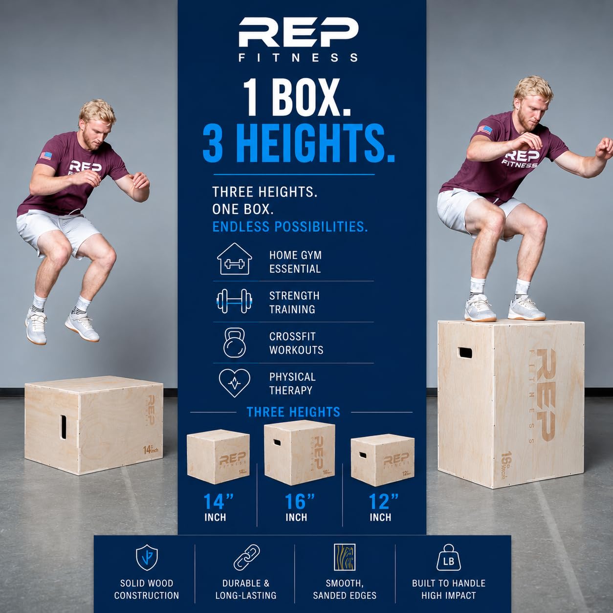 REP Plyometric Wood Jump Box | Strength Training | 16/14/12 Wooden Step Platforms | Gym & Sports Workouts | Fitness, Exercise, Physical Therapy Equipment | Pro Conditioning Tool
