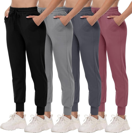 Joggers for Women - Lightweight Comfy Sweatpants with Pockets | 4-Pack for Yoga, Travel & Lounge