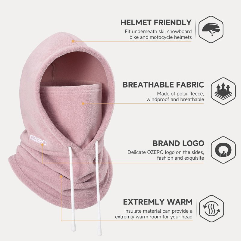OZERO Balaclava Ski Face Mask: Windproof & Thermal Ski Mask for Men and Women, Convertible Balaclava Hood Full Head Cover Scarf Neck for Cold Weather Pink