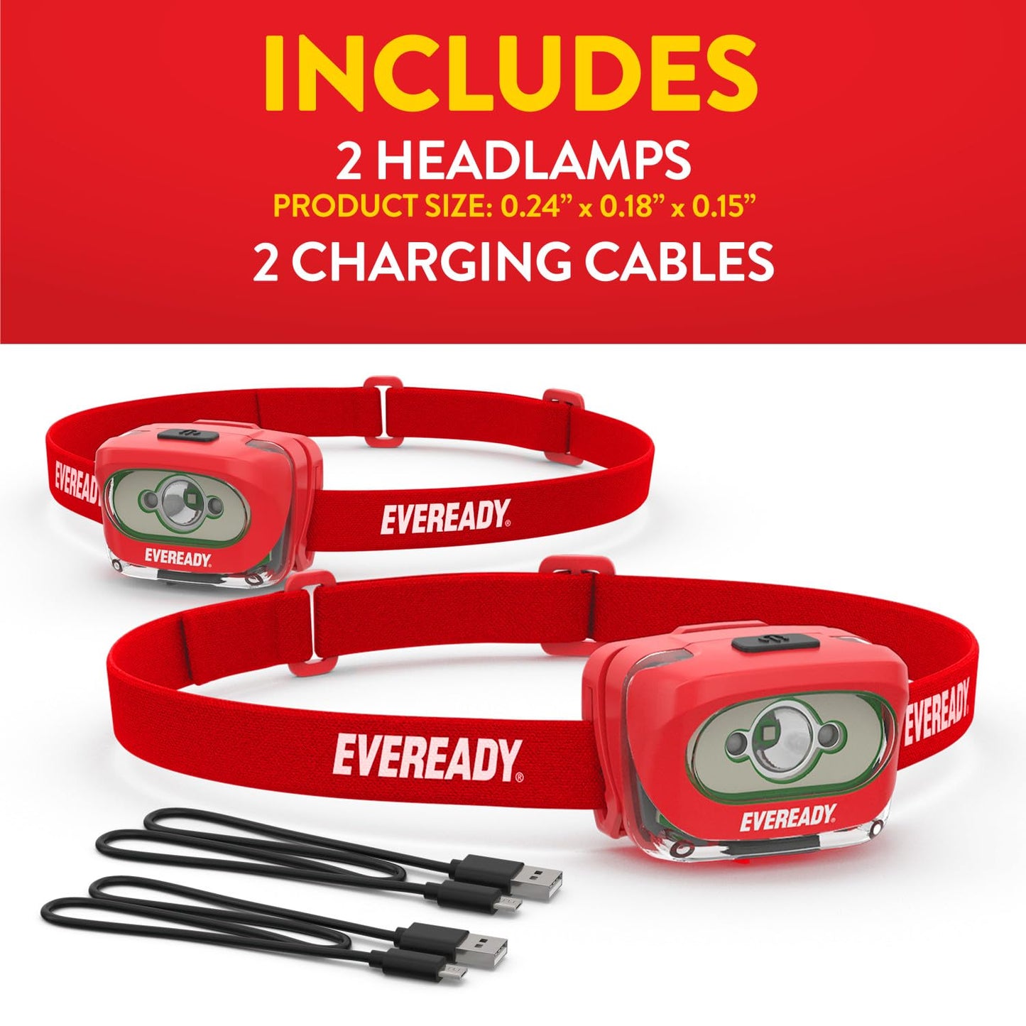 Eveready X200 LED Rechargeable Headlamps (2-Pack), Super Bright IPX4 Water Resistant Head Lights for Running, Camping, Emergency, Outdoors (USB Cable Included)