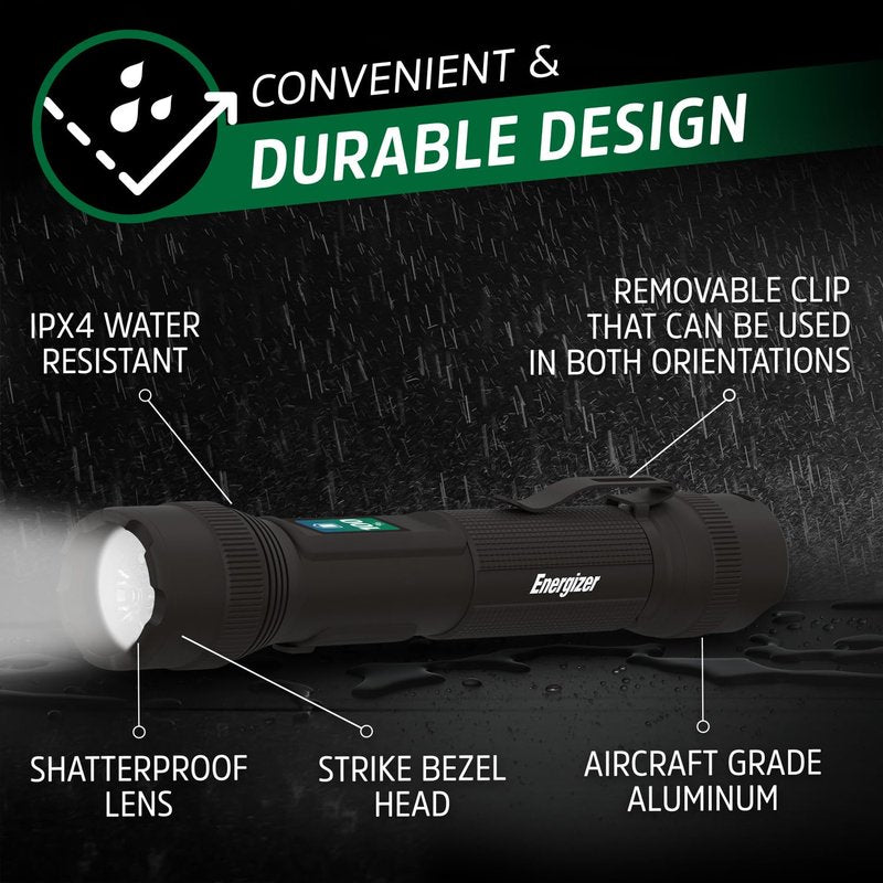 Energizer X1000 Rechargeable LED Flashlight with Power Indicator, Super Bright Flashlight, IPX4 Water Resistant, Rugged Light for Outdoors, Emergencies