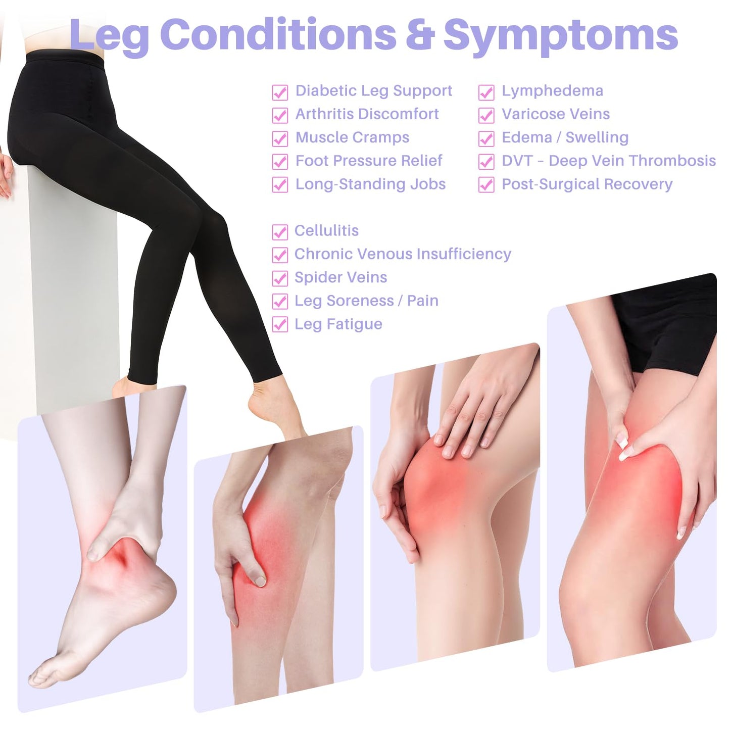 20-30 mmHg Graduated Compression Pantyhose for Women, Footless High Waist Support Compression Tights & Leggings for Swelling Relief, Circulation Boost & Travel Comfort, Black, X-Large