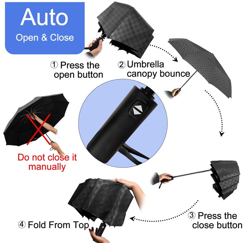 Satol 62 Inch 10 Ribs Large Waterproof Golf Umbrella, Oversize Automatic Open/Close Double Canopy Vented Sturdy Umbrella for Travel, UV Protection Windproof Sun & Rain Compact Lightweight Folding Umbrellas for Outdoor, Black