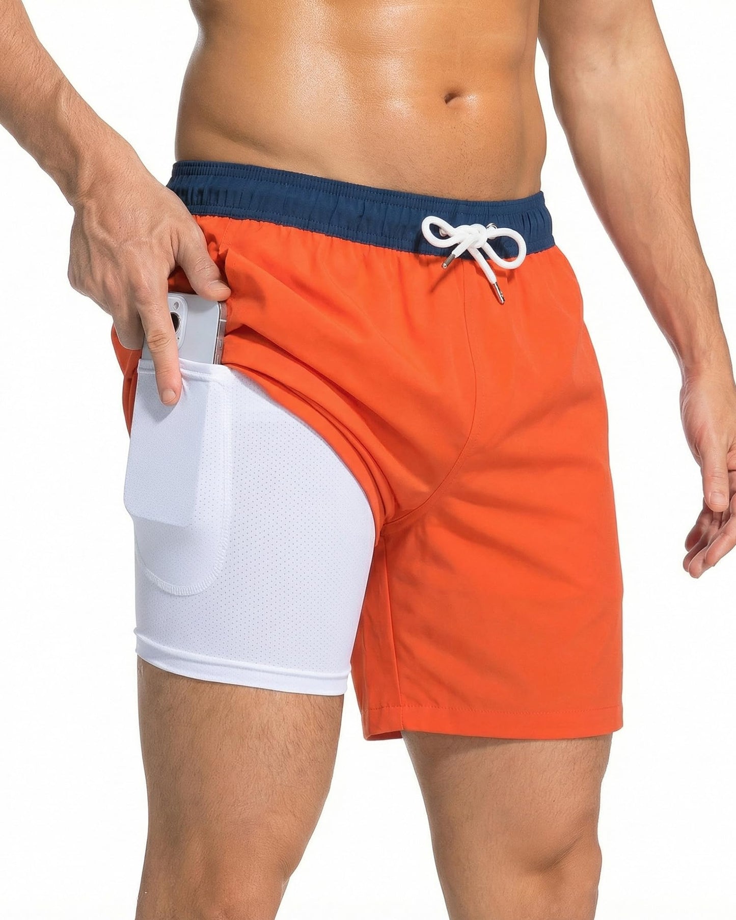 KudouYuv Mens Swim Trunks 2 in 1 Men Board Shorts Quick Dry 5 Inch Swim Suits Beach Short with Compression Mesh Lining Orange