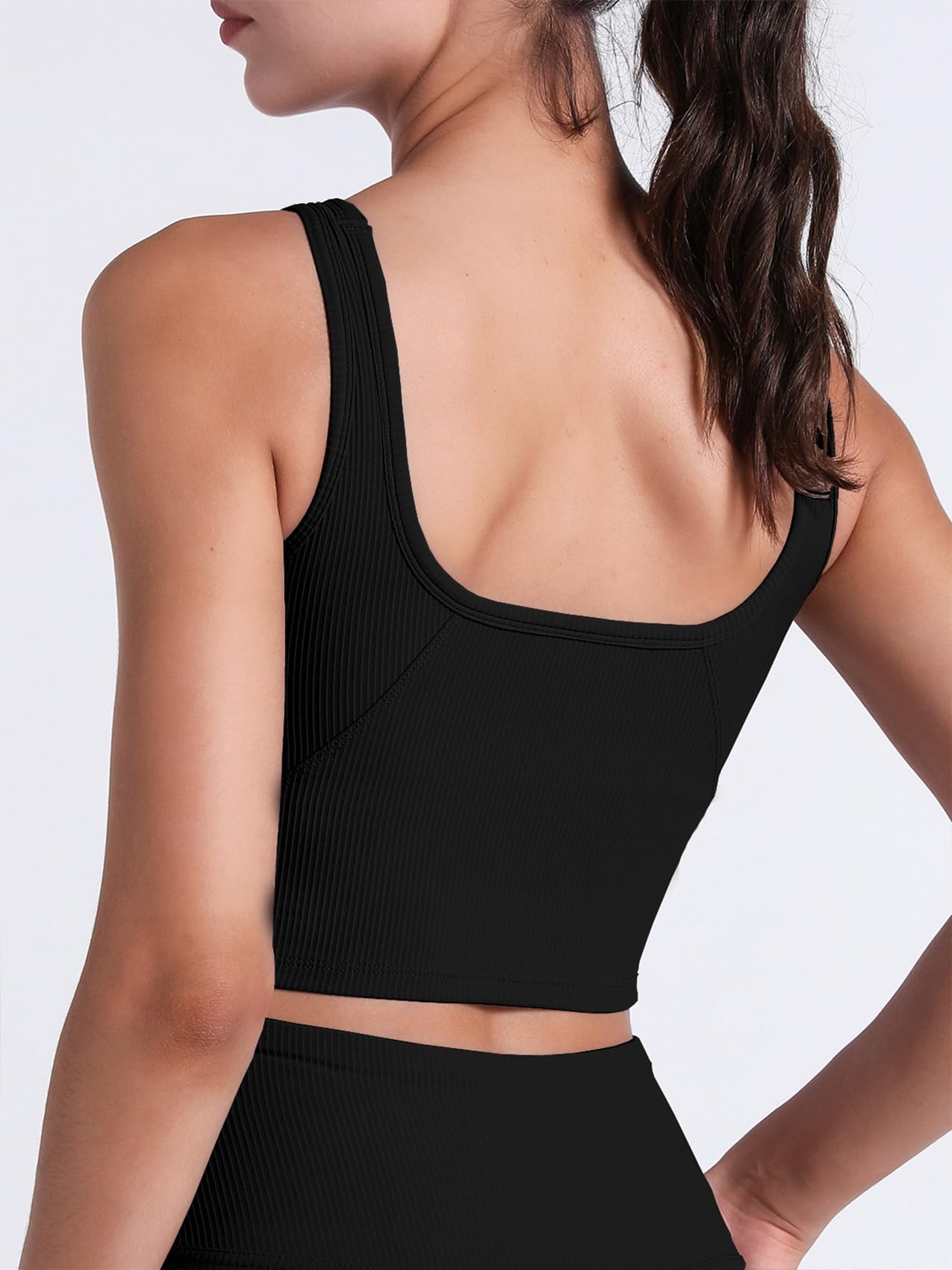 FelFory Longline Sports Bra Tank Top Bra Top for Women Seamless Sports Bra Ribbed Workout Tops Padded Crop Top Fitness Yoga Tank Black Medium