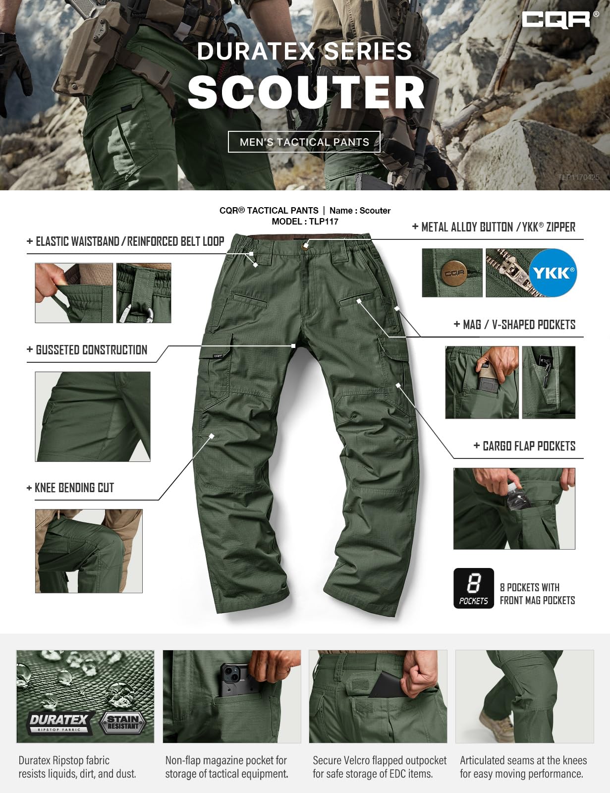 CQR Men's Tactical Pants, Water Resistant Ripstop Cargo Pants, Lightweight EDC Work Hiking Pants, Outdoor Apparel, Raider Green Kelp, 42W x 30L