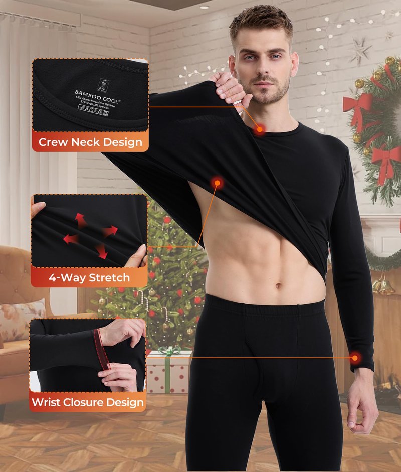 BAMBOO COOL BlazeBoo Men's Thermal Underwear with Soft Fleece Lined Base Layer Cold Weather Top Bottom Gift Set