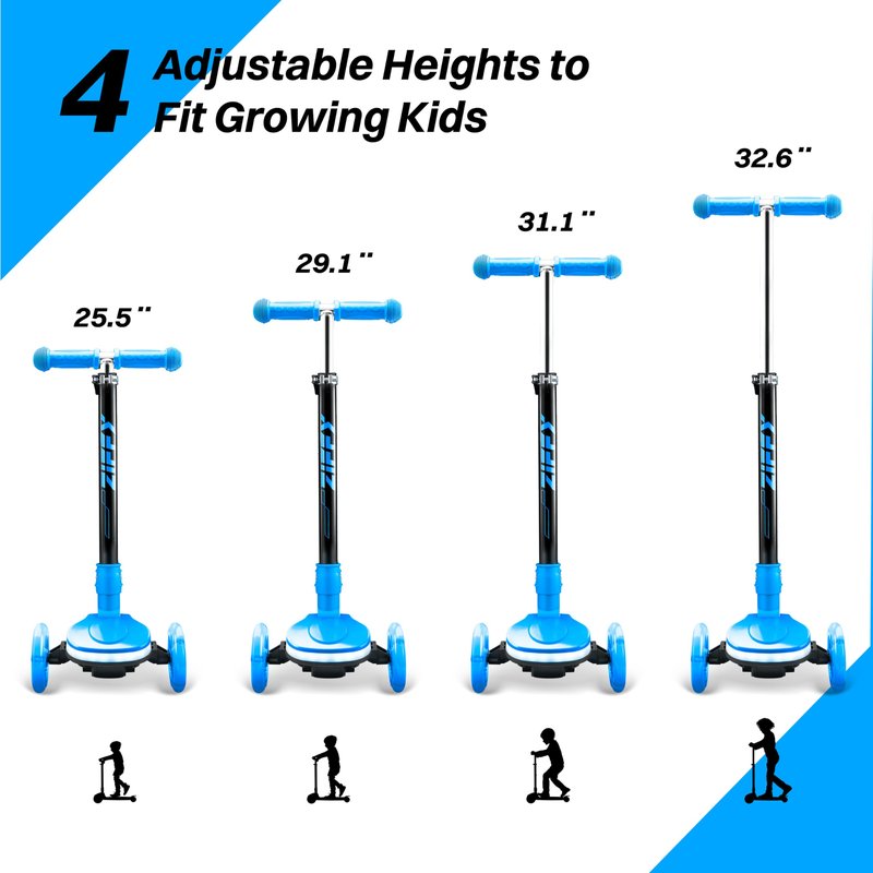 JOVA ZIFFY Kids Scooter for Boys & Girls Features LED Light-Up Wheels, 4 Adjustable Height Handlebars, and Lean-to-Steer Design with Anti-Slip Wide Surface for Stability - Up to 110LBS(Blue)