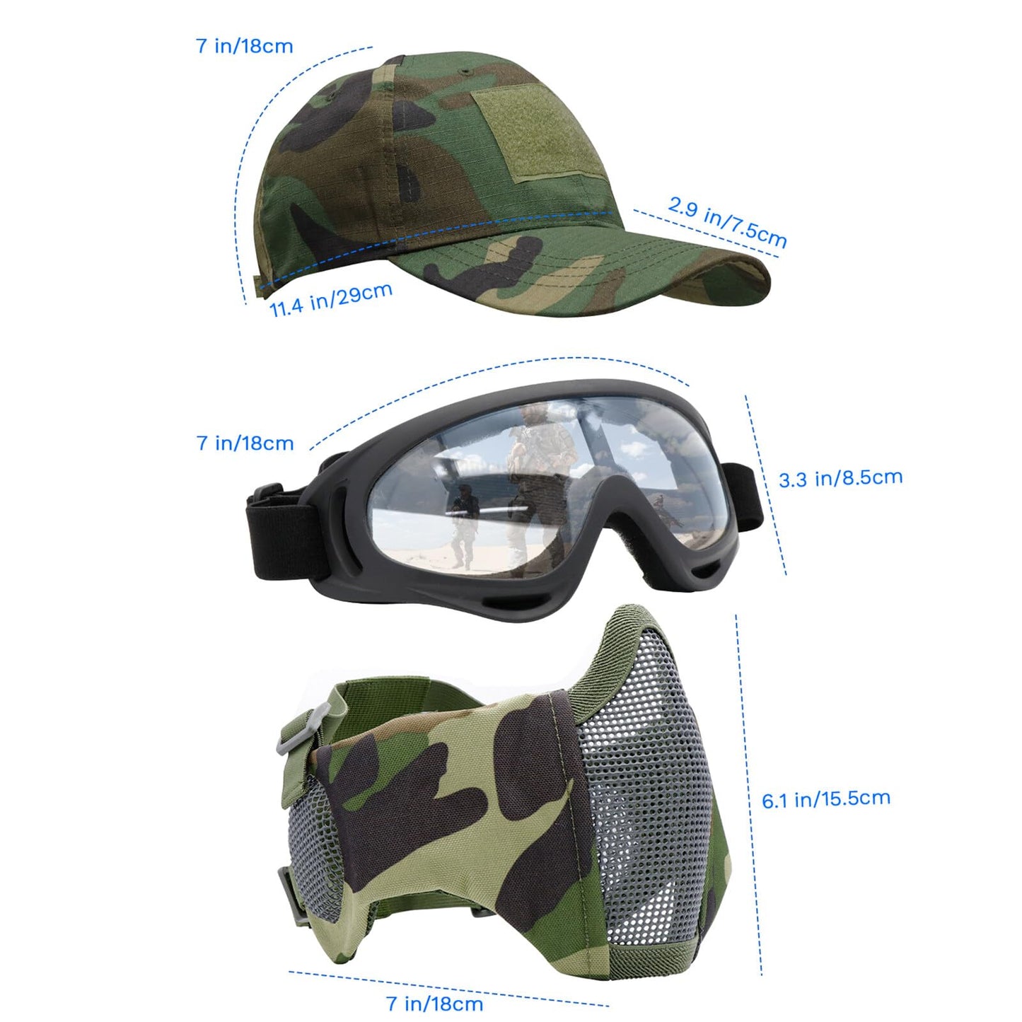 Yzpacc Airsoft Half Face Mask with Goggles Patch Hat Set Tactical Masks Full Face Ear Protective Baseball Cap for CS Halloween and Game