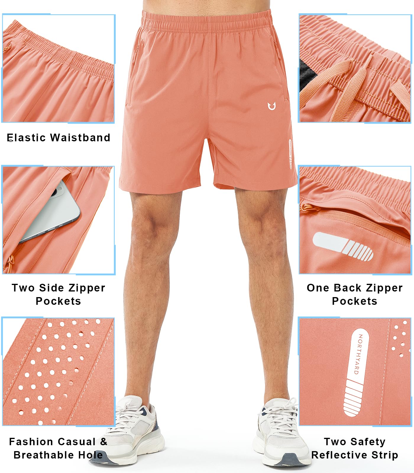 NORTHYARD Men's Athletic Running Shorts Gym Workout 7"/9"/5" Quick Dry Lightweight Sports Basketball Tennis 3 Zipper Pockets PINKORANGE-5inch 3XL