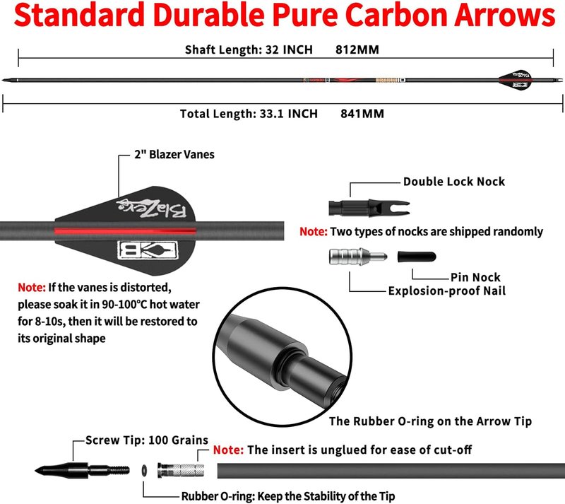 100% Pure Carbon Hunting Arrows - Olympic-Grade 10 Spine Deflection | Straightness 0.001"/0.003"/0.006" | Ideal for Compound & Recurve Bows (12/24PCS)