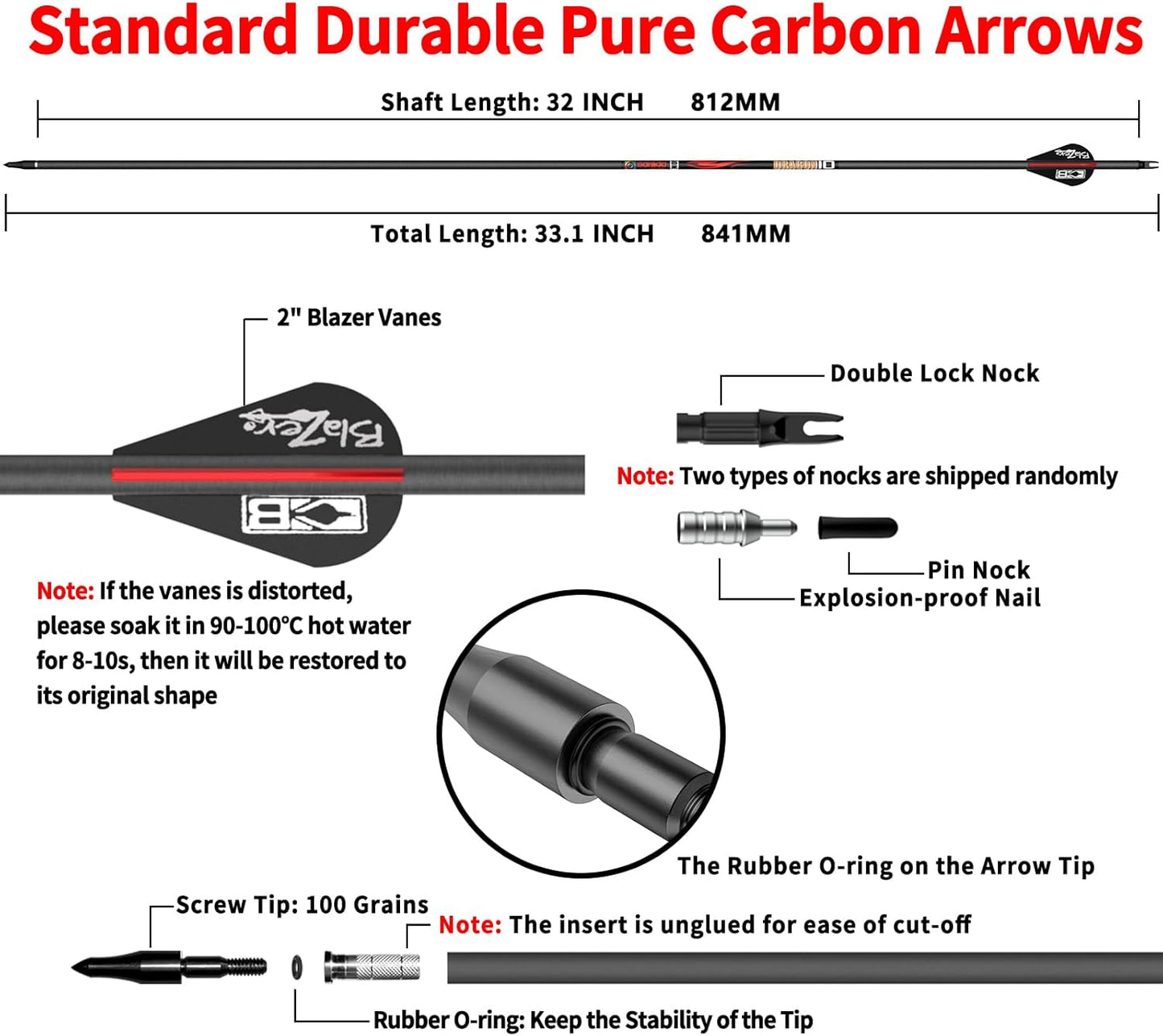 100% Pure Carbon Hunting Arrows - Olympic-Grade 10 Spine Deflection | 0.001"/0.003"/0.006" Straightness, Ideal for Compound & Recurve Bows (12/24PCS)