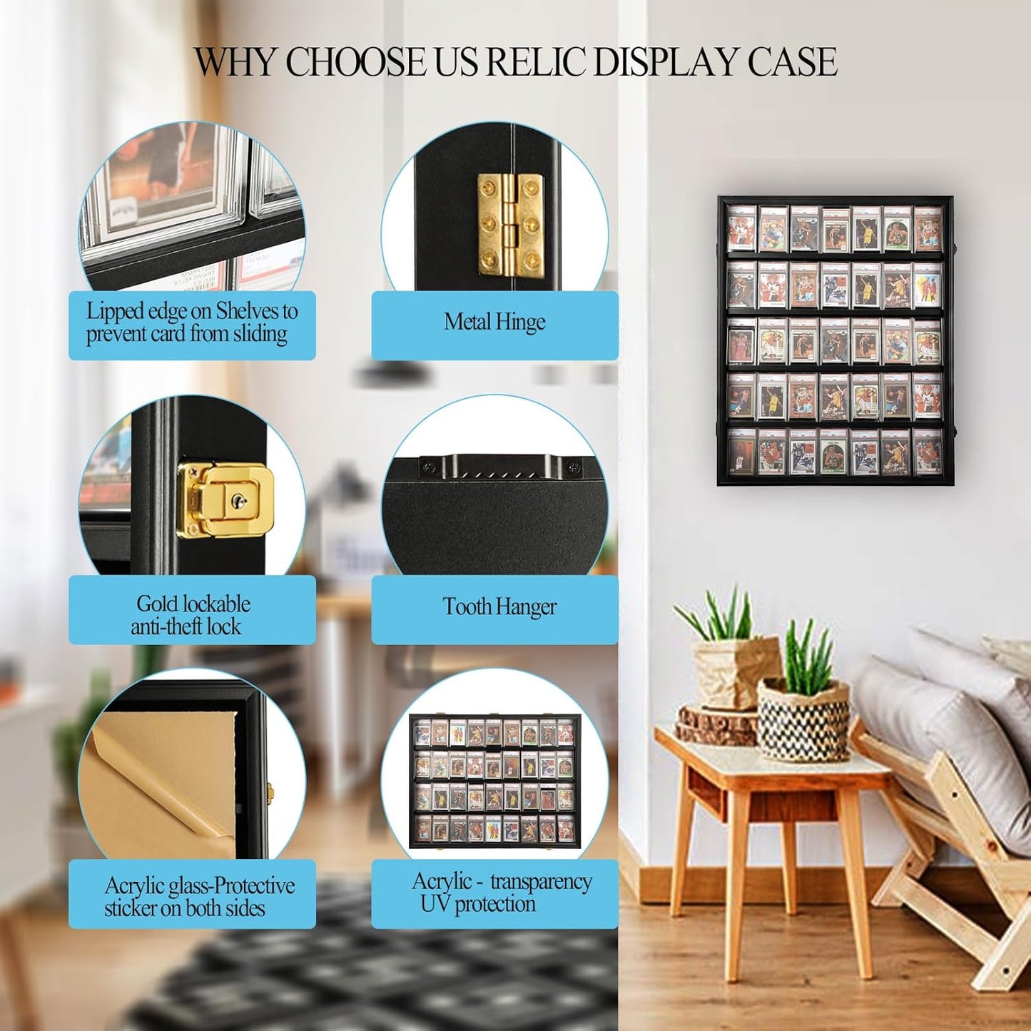 Sports Card Display Case - Lockable UV Protection Frame for 35 Baseball, Hockey, Football & Basketball Cards | Black