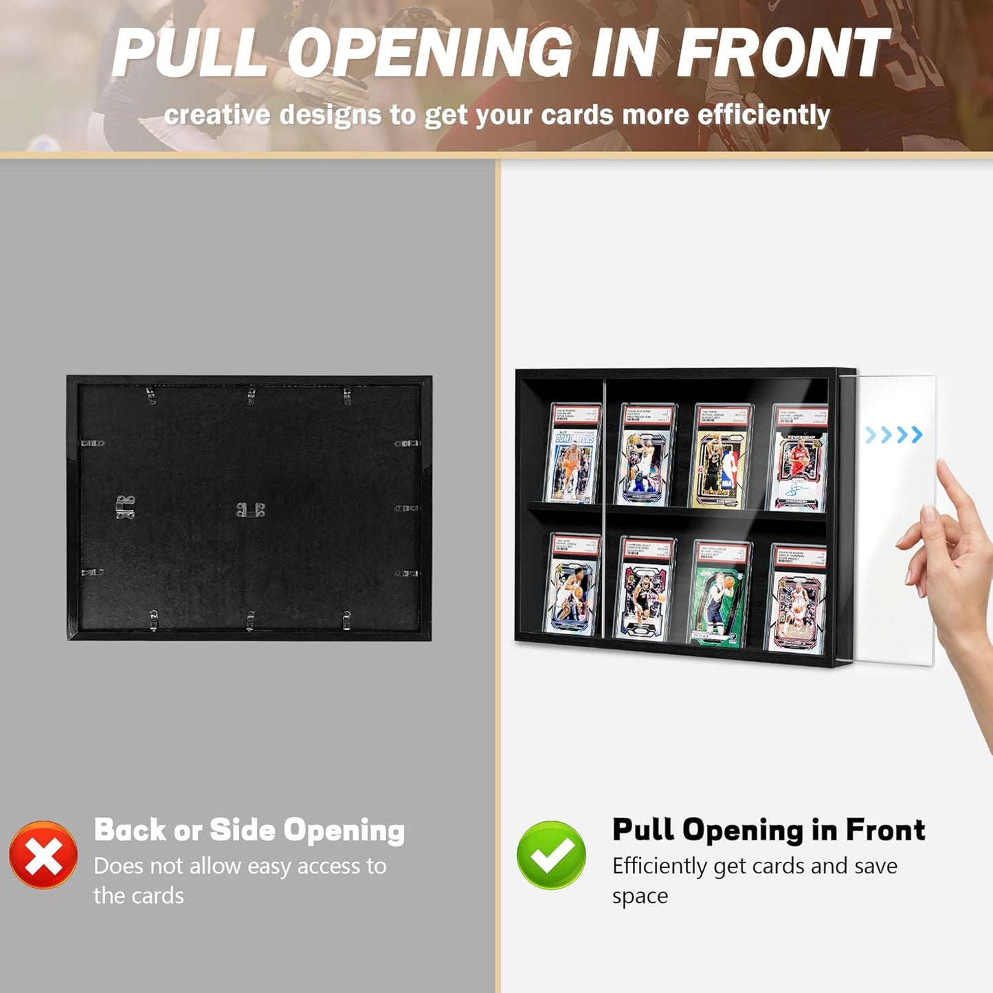 Trading Card Display Case - Wall-Mounted Wooden Frame for Sports Cards | Clear View, Black (1 Pack)