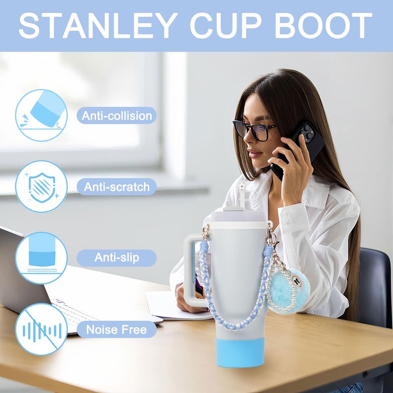 BELSITA Stanley Cup Accessories Set, Pom Pom Pearl Chain Braided Design Water Bottle Handle Strap, Silicone Stanley Cup Boot, Stanley Charms for Stanley Cup 30/40oz Tumble (Green)