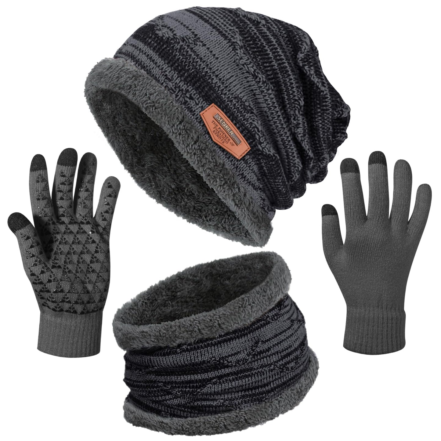 3 Pieces Winter Beanie Hat and Scarf Gloves Set for Men and Women, Slouchy Warm Fleece Lined Knit Caps & Neck Warmer Touchscreen Gloves, Dark Grey