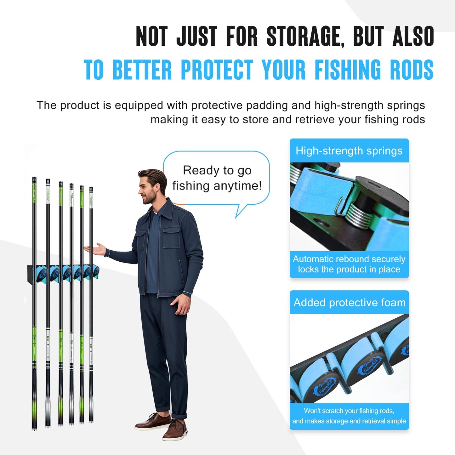 Tcakelox Vertical Fishing Rod Holder, Wall Mounted Fishing Rod Holder, Fishing Pole Rack Holds Up to 6 Rods or Combos, Fishing Rod Holders for Garage, Fits Most Rods of Diameter 3-19mm (1, Blue)